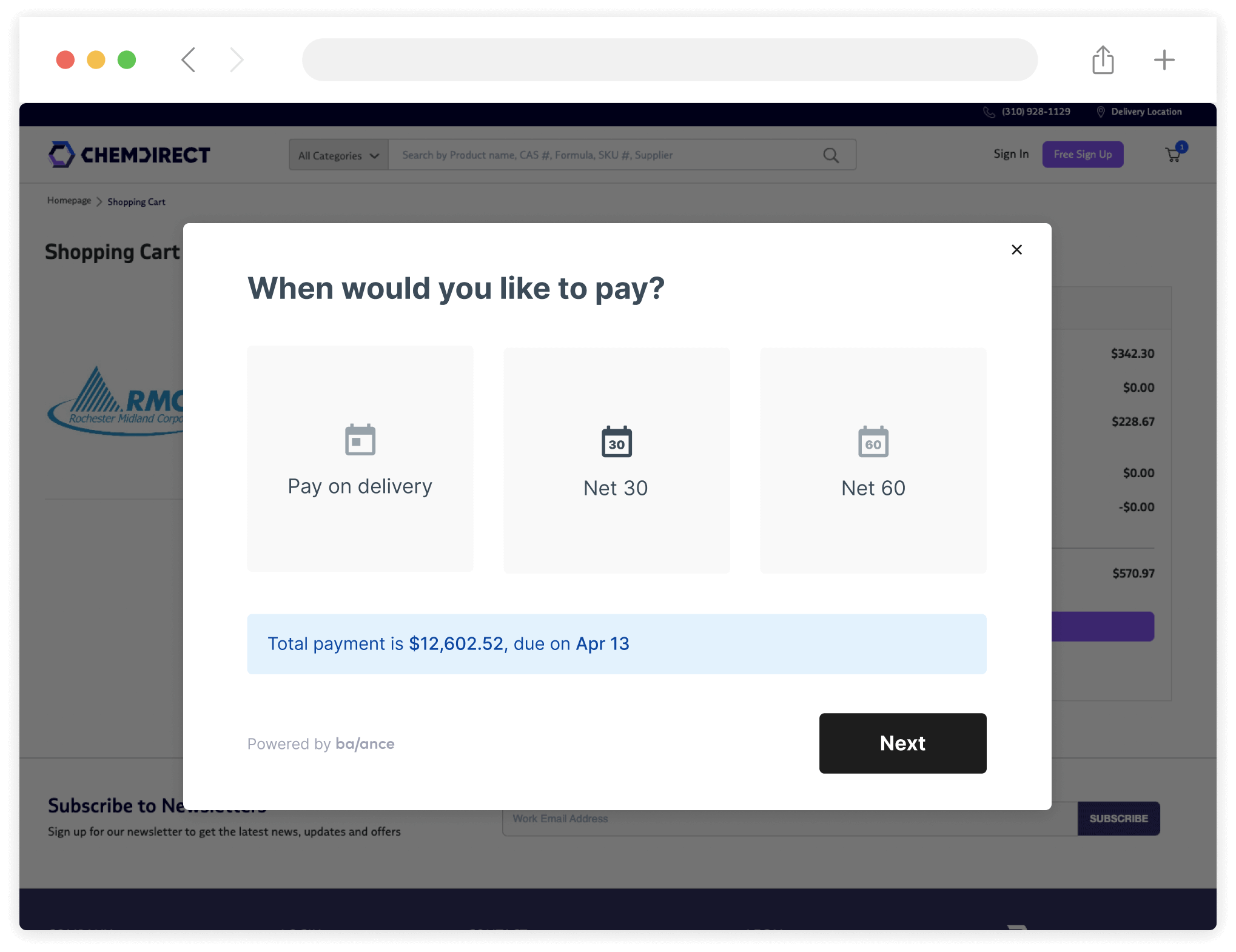 The Balance checkout on ChemDirect marketplace. The screen reads, "How would you like to pay?"